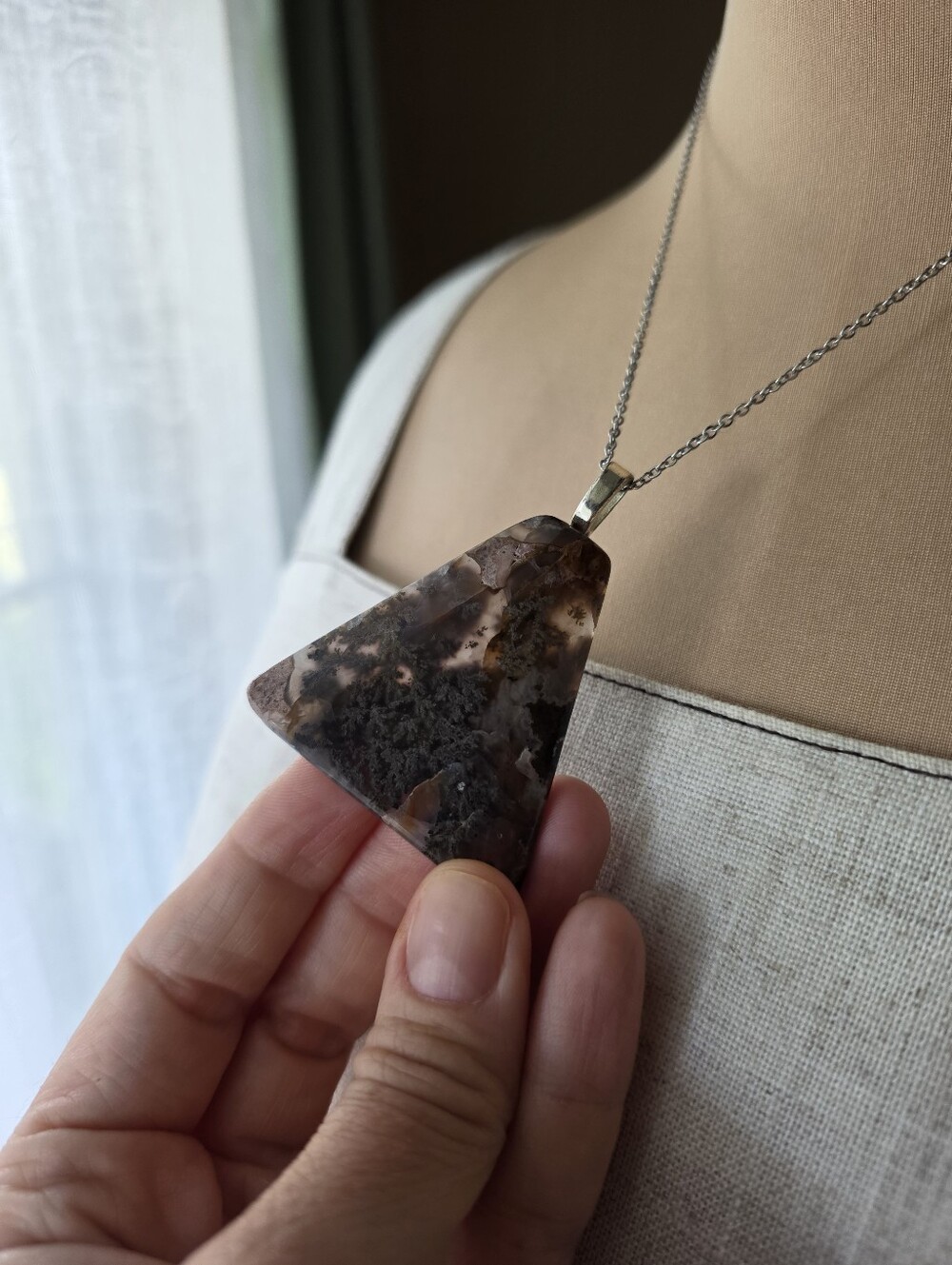 Large Natural Moss Agate Statement Pendant Necklace 18" Silver Chain Crystal - Picture 5 of 10